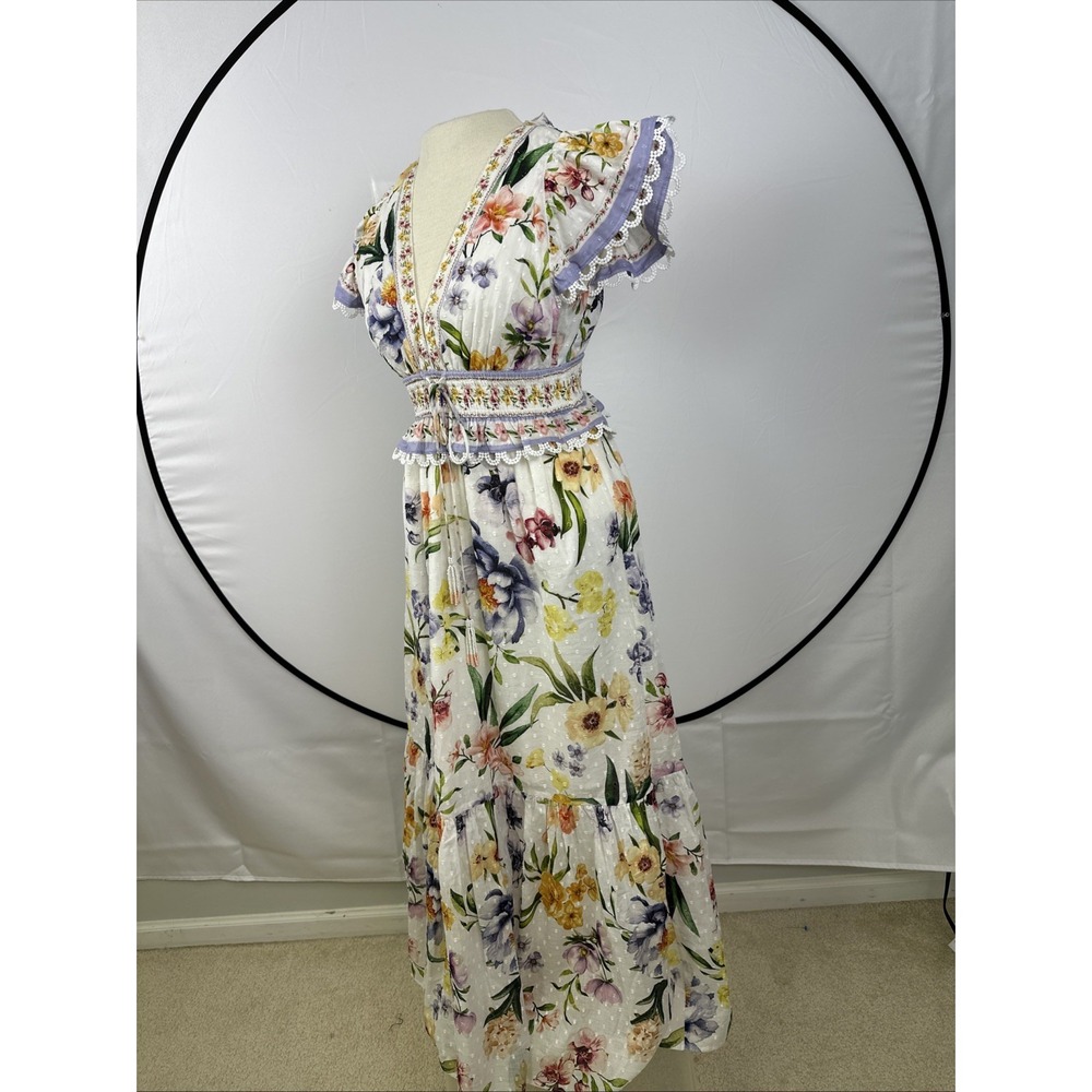 Camila Coelho Floral Maxi Dress Women's Sz M Flutter Sleeve Plunge V-neck Cotton